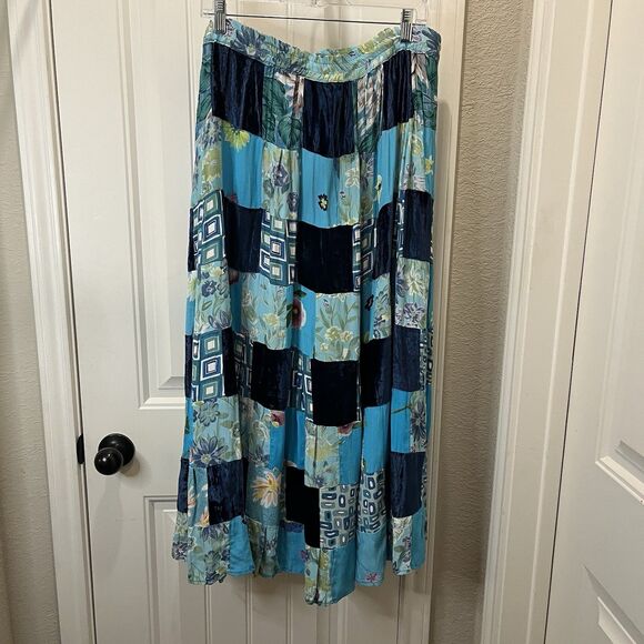 Vintage Midnight Run Blue Patchwork Maxi Skirt Boho Broomstick Mixed Print Sz M - Picture 6 of 13